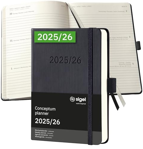 SIGEL C2602 Wochenplaner Wochenkalender 2025/2026, ca. A6, schwarz, Hardcover, Gummiband, Stiftschlaufe, Archivtasche, aus nachhaltigem Papier, 18-Monatskalender, Kalenderbuch Conceptum