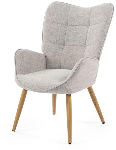 Meuble Cosy Fauteuil de Salon Scandinave avec Accoudoirs et Assise Épais Pieds en Métal Effet Bois Rembourré en Tissu Gris