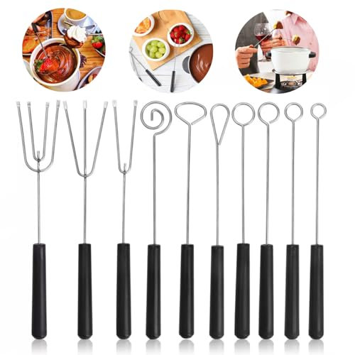 Juego de tenedores para fondue de queso, 10 tenedores de acero inoxidable para fondue de queso, chocolate y fruta, asas resistentes al calor para un uso seguro y fácil
