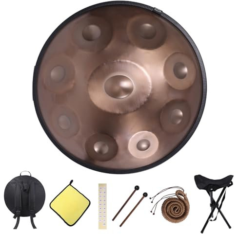 PTSZNGS Handpan 22 Zoll D-Moll Kurd Handpan 9 Töne Handpan Trommelinstrument für professionelle Darbietung, 440 Hz Sound Handpan Trommeln für Erwachsene Tasche Abwischen Trommeltuch Halterung