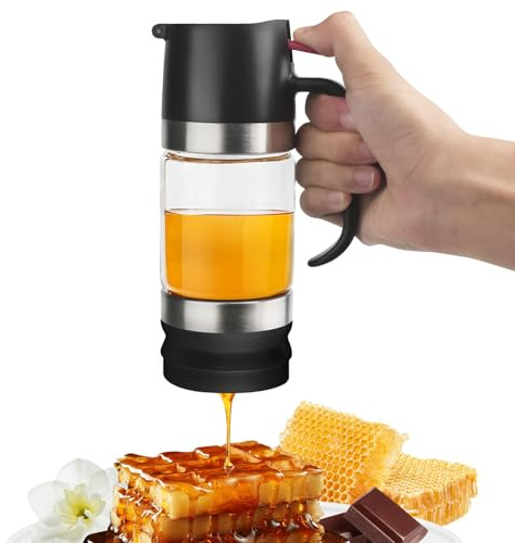 Honigspender aus Glas,300ml/10.15oz Tropfsicheres Honigglas mit Griff,Transparent Honig-Sirup-Topfspender,Honig-Dosierer Syrup Spender,Sirupspender Glas für Kaffee Oder Tee für Küche Kochen (Schwarz)