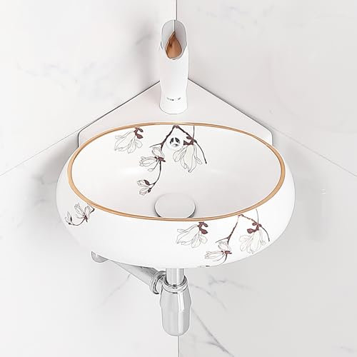 Lavandini Ad Angolo Per Bagno,Lavabo In Ceramica,Lavabo A Parete,Lavello In Ceramica Ad Angolo Con Foro,Lavabo Ad Angolo Su Piedistallo,Montaggio A Parete Ovale,Design Salvaspazio(Golden brown,W36cm/1