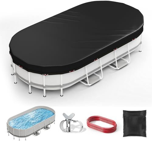 Oval Pool Cover 12 x 24 FT, Upgraded 420D Heavy Duty Oxford Fabric Pool Covers for Above Ground Pool with Winch and Cable, All Season Inflatable Pool Cover for UV Resistant, Waterproof and Dustproof