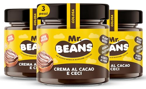 Mr. Beans, Crema Spalmabile al Cacao e Ceci, 100% Vegetale con Legumi Italiani, Fonte di Fibre, Senza Glutine e Lattosio, Non Contiene Nocciole e Olio di Palma, 3x200 g