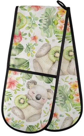 Ofenhandschuhe, doppelte Ofenhandschuhe, Koala-Palmenblätter, weiß, hitzebeständig, gesteppt, für Grillen, Backen, Küche, Kochen, Handschuhe