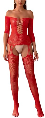 Gatamiau Womens Sexy Lace Bodystocking Off Shoulder Fishnet Bodysuit One Piece Garter Lingerie Body Stocking Hollow Out Mesh Underwear Tights Stretchy Jumpsuit Sleepwear