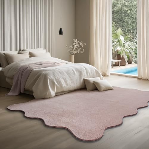 the carpet Lina Shape Scallop Rug, Faux Fur, Fluffy Rug, Non-Slip Backing, Washable, Super Soft, Pink, 160 x 220 cm