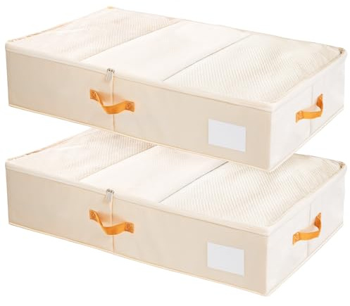Criusia Under Bed Storage Bins with Clear PVC Lids – 2 Pack Large Underbed Organizers with Heavy-Duty Handles, Reinforced with 800G PP Panels & 80G Non-Woven Fabric – Waterproof & Foldable, Beige