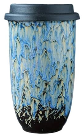 BooeDareno 1 x 480 ml Keramik-Kaffeetasse mit Silikondeckel und Tassenhülle, kreative große Kapazität, lässige Geschenke, Sommer, Winter, Trinkgeschirr (Himmelblau)