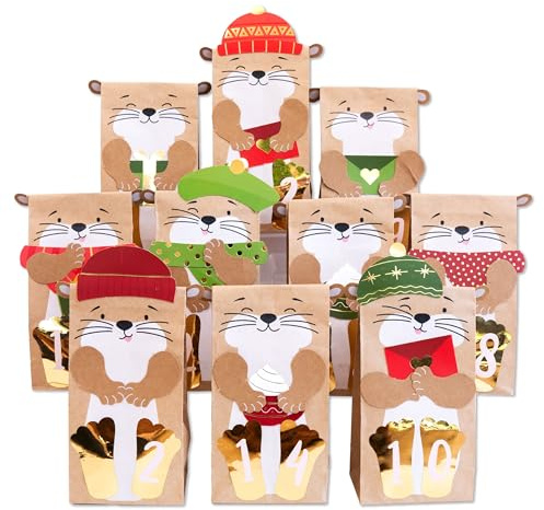 Papierdrachen Otter Adventskalender 2025 - zum Selbstgestalten und Befüllen für Kinder - 24 Kraftpapiertüten - vorgestanzte Bastelteile