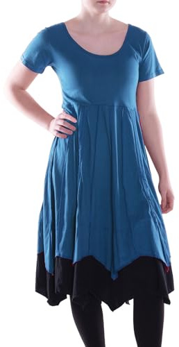 Vishes Alternative Bekleidung - Damen knielanges Kleid Baumwolle Patchwork asymmetrisch hoher Bund türkis 44-46