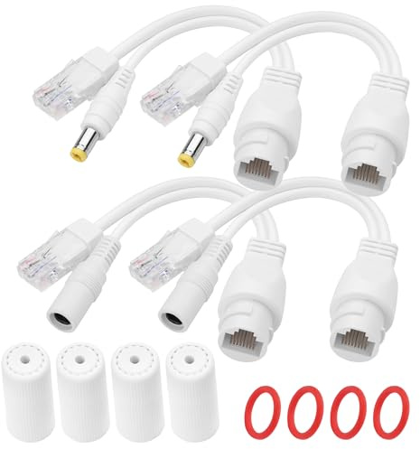 YACSEJAO 12V Passiver PoE Injektor und PoE Splitter Kit,2 Paar RJ45 wasserdichte Passive Power Over Ethernet DC PoE Adapter Anschlusskabel(Weiß)