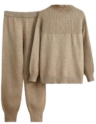 Damen Rollkragenpullover Pullover Tops Stricksets Taille Haremshose Outfit, khaki, 46