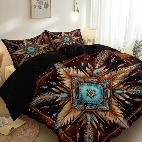 Copripiumino double face Illustrazione ad acquerello dei nativi americani set, biancheria da letto morbido traspirante 135 x 200 cm per adolescenti adulti e bambini, con cerniera e federa Nero