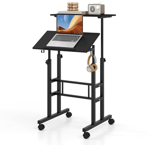 COSTWAY Stående skrivbord justerbar höjd, mobilt datorbord med hjul, lutbar bordsskiva och 2 krokar, skrivbord, ståsittbord, laptopbord för hem, kontor (svart)