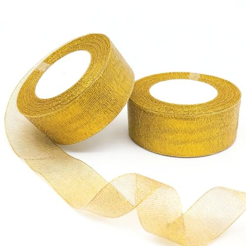 2 Rollen Gold Geschenkband Organza 40mm x 22M Glitzer Schleifenband