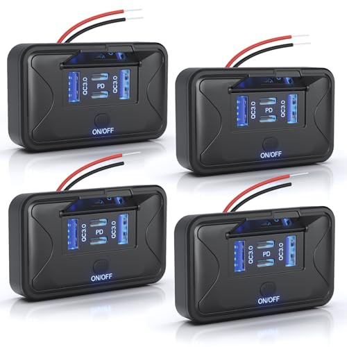 Gibbab 4PCS 108W 4 Ports 12V RV USB Switch Outlet, 2 * 36W PD3.0 Type-C + 2 * 18W QC3.0 Quick Charge Panel Wall Mount Car Charger Socket Waterproof Multi-Port Adapter for Marine Truck Boat ATV Bus