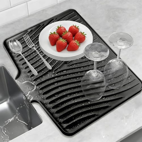 BeauFairy 40*33*1.5cm Abtropfmatte aus Silikon, Abtropfmatte Spüle Geschirr, Hitzebeständig und Rutschfest, Geeignet für Küche, Spüle und Bestecklagerung, Spülmatte Abtropfunterlage, Schwarz