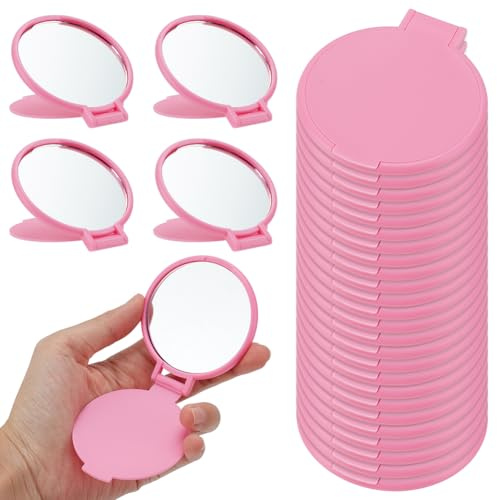 GOMAKERER 30 Stück Mini Kompaktspiegel Großpackung, Mini Faltbarer Runder Schminkspiegel Tragbarer Taschen Reisespiegel Für Den Täglichen Gebrauch Auf Reisen Rosa, 7x6.2x0.5cm