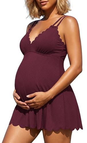 Charmo Red Maternity Bathing Suits for Women One Piece Maternity Swimsuits | scalloped,ribbed,built-in brief,v neck,adjustable double straps,ruched,removable pads,full lining,full coverage,skirted,loose