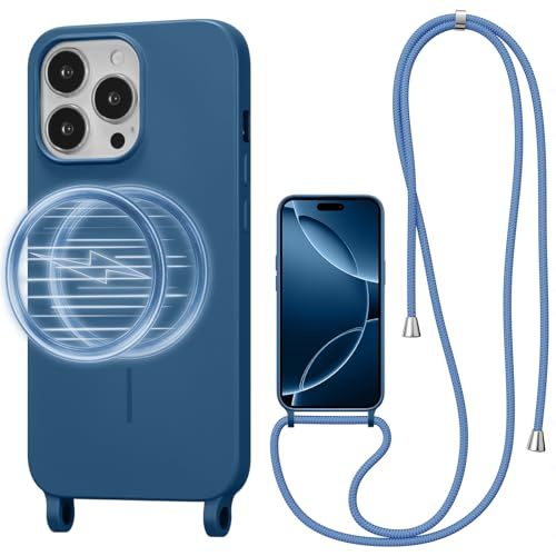 UCASONG Magnetic Case for iPhone 15 Pro Max with Lanyard, Blue | Compatible with MagSafe, Crossbody Liquid Silicone Case, Soft Shockproof Protective Cover, with Adjustable Neck Cord Strap