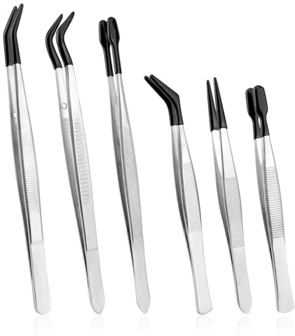 6pcs Rubber Tip Tweezers Set, Stainless Steel Long Precision Tweezers Fine Point Flat & Bent Tipped Tweezer for Crafts Jewelry Making Sewing Plastic Sticker Modelling Electronics Laboratory