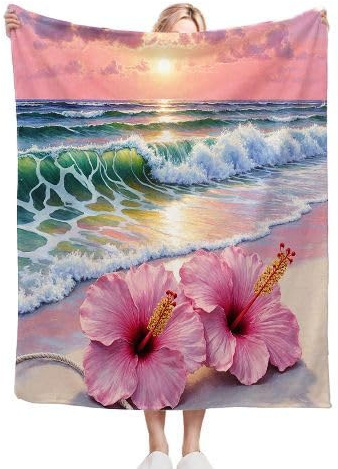 Fotmung Coperta Plush Flanella Fiori Sulla Spiaggia In 3D, 130x150 cm Pratica per l'Home-Office, Leggera da Portare, Lavabile in Lavatrice e Non Perde Colore, Utilizzabile Quattro Stagioni-A122