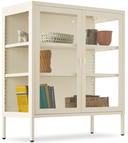 tectake® Vetrina Espositiva in Metallo con Ante in Vetro Temperato, 80 x 37 x 90,5 cm, Libreria Mobile, 2 Ripiani Regolabili, Armadietto Moderno per Casa Ufficio Studio Vetrina Soggiorno - Crema