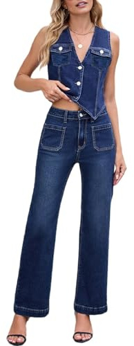Frewurwer Conjunto de 2 Piezas de Mezclilla para Mujer, Chaleco Vaquero Sin Mangas con Botones, Camisa Y2k, Pantalones Vaqueros de Pierna, Pantalones Palazzo Traje XL