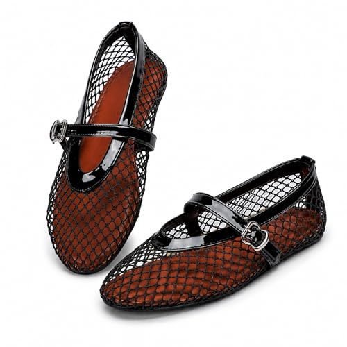 Women's Mesh Ballet Buckle Strap Mesh Ballet Shoes Flats Fishnet Ballerina Flats Wide Width Casual Office Daily Dress Summer Flat Shoes for Ladies (Black, 9)