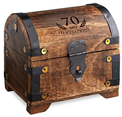 CASA VIVENTE - Coffre en Bois Style Coffre au Trésor avec Gravure - Cadeau d'Anniversaire 70 Ans - Boîte à Bijoux - Tirelire - Bois Foncé - Cadeau d'Argent - Malle au Trésor
