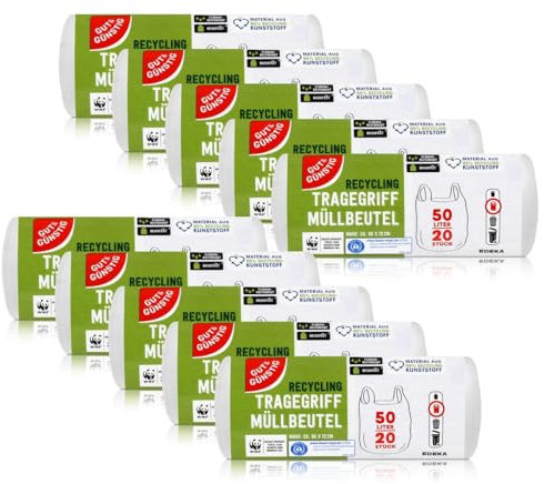200 Stück Müllbeutel mit Griff, 50 Liter, 20 Stück pro Rolle, reißfest und flüssigkeitsdicht, Produkt & Verpackung recyclebar, Packung mit 10 Rollen