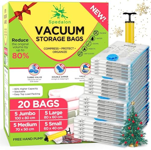Vacuum Storage Bags - Pack of 20 (5 Jumbo + 5 Large + 5 Medium + 5 Small) ReUsable with free Hand Pump for travel packing | Best Sealer Bags for Clothes, Duvets, Bedding, Pillows, Blankets, Curtains