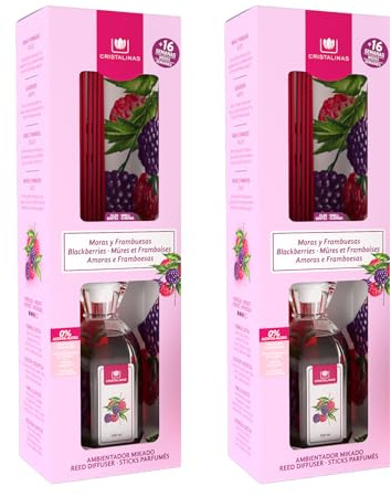 CRISTALINAS. Ambientador Mikado Clásico. Difusor con Varillas. Formula sin Alcohol. Máxima duración, hasta 16 semanas. Aroma Mora. (2x180ml)