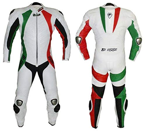 BI ESSE - Motorradkombi aus echtem Rindsleder, ideal für den professionellen Einsatz auf der Rennstrecke, Modell Tricolore (Grün/Weiß/Rot, 3XL)