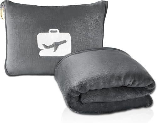 EverSnug Reisedecke und -Kissen - hochwertige, weiche 2-in-1-Flugzeugdecke mit weichem Kopfkissenbezug, Handgepäckgurt, und Rucksackclip (Grau)