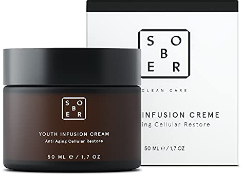 sober® | Youth Infusion Cream | Mycket effektiv naturlig anti-aging ansiktskräm mjukar upp linjer och rynkor synligt | med aloe vera, coenzym Q10, vegetabilisk retinol, spilantol & hyaluron | Vegan