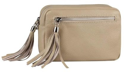 ITALYSHOP24COM OBC Made in Italy Damen Leder Tasche Umhängetasche Schultertasche Beuteltasche Cross-Over Cross Bag Glattleder Schmucktasche Fransen Ledertasche (Helltaupe), ca.: 20x14x6 cm (BxHxT)