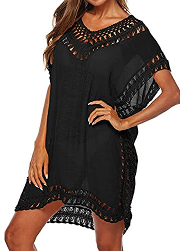 Women Swimsuit Cover Ups Beachwear Hollow Out V-Neck Short Sleeve Crochet Dress Bikini Swimsuit
