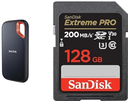 SanDisk Extreme Portable SSD 2 TB, Schwarz & Extreme PRO SDXC UHS-I Speicherkarte 128 GB (V30, Übertragungsgeschwindigkeit 200 MB/s, U3, 4K UHD Videos