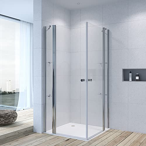 Eckdusche Eckeinstieg Duschkabine Duschabtrennung 95x95x197 cm Drehtür Duschtür aus 6mm ESG NANO Glas mit Duschablage ebenerdiger Einbau möglich barrierefrei einbaubar Hebe-Senk-Mechanismus