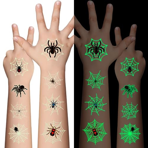 Awinmay Halloween Tattoo Kinder,10 Blätter Leucht Spinne Tattoo für Jungen Mädchen,Halloween Spinnennetz temporäre Tattoo Aufkleber,Feiertage Cosplay Gesicht Make-up Zubehör Mitgebsel Party Geschenke