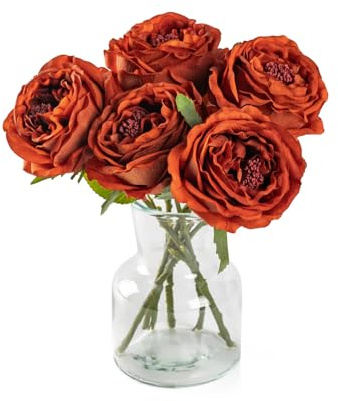 DuHouse Seidenrosen, künstliche Gebranntes Orange Rosen mit Stielen, fühlen Sich echt an, künstliche Blumen für Arrangements, Hochzeiten, Partys, Heimdekoration, 5 Stück
