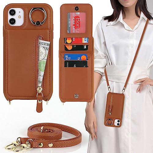 Cavor Coque iPhone 11 avec Cordon,Flip Bandoulière Portefeuille Étui Cuir,[4 Porte Cartes][Ring Support][Pochette zippée],Collier Housse Etui pour Femme pour iPhone 11 - Marron