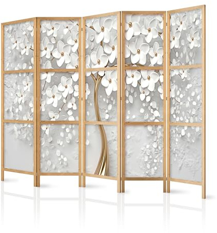 murando - Paravent Raumteiler Holz Blumen, 225x172 cm, 5-teilig, Wohnzimmer | Mobiler Sichtschutz, sofort einsatzbereit, Holzrahmen, ideal fürs Wohnzimmer oder Büro, geruchsneutral, lichtbeständig