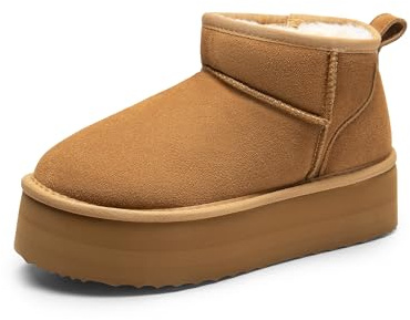 DREAM PAIRS Classic Platform Snow Boots for Women Genuine Suede Leather, Ankle Boots Winter Boots with Memory Foam Insole Lightweight Anti-Slip Outsole for Outdoor Indoor,Size 6,Chestnut,SDSB2427W