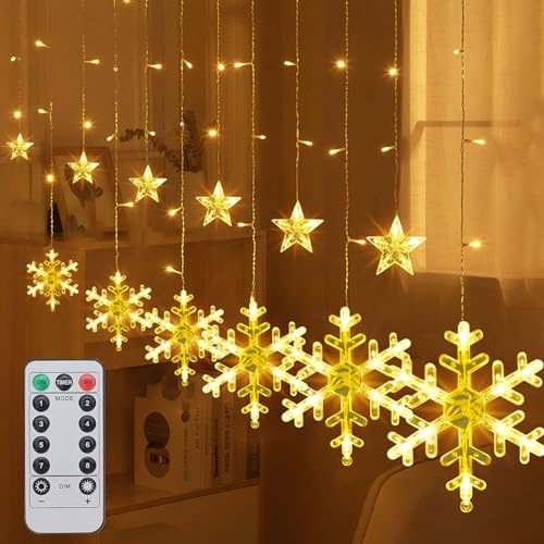 Ninonly Weihnachten Lichtervorhang Lichterkette, 126 LED Schneeflocken Sterne Lichterkette Fenster, 8 Modi Led Vorhang Lichter Wasserdicht, Batteriebetrieben Weihnachten Deko für Innen Aussen Balkon