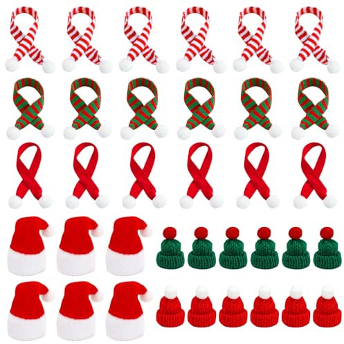 Qunkun Weihnachtsmütze Und Schal Set - 36 Stück Mini Nikolausmütze, Sorgenwürmchen Zubehör, Weihnachtsdeko für Weinflasche Abdeckung Puppen Hut