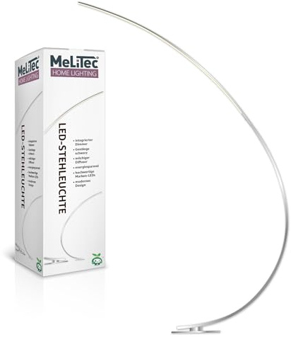 MeLiTec LED Stehleuchte ST26-1 - Nickel-Matt, Dimmbar, Warmweißes Licht 3000K, Hochwertige Farbwiedergabe Ra > 90, Moderne Design-Lampe mit 1100 Lumen für Wohnräume