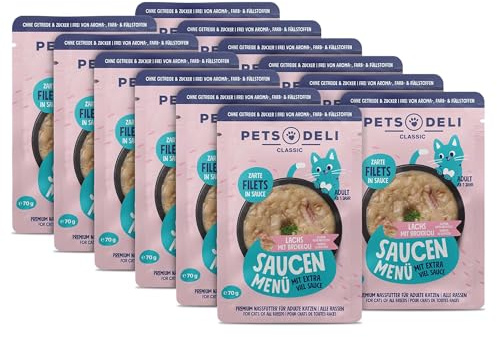 Pets Deli Saucen Menü Nassfutter für Katzen mit Lachs & Brokkoli, 12x70g